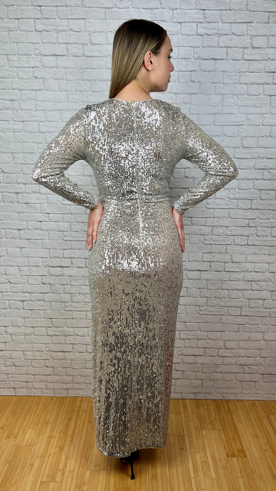 Reem Acra Sequined V-Neck Gown, Size 10, Silver