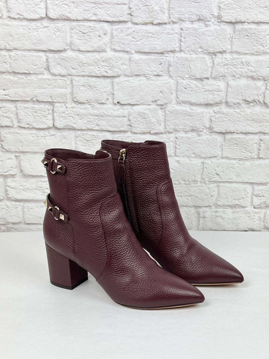 Valentino Garavani Rockstud Leather Block-Heel Booties, Merlot, Size 39.5