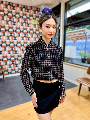 Chanel 23K Blazer Cropped Jacket Tweed , Size 40 F /U 6, Black Pink